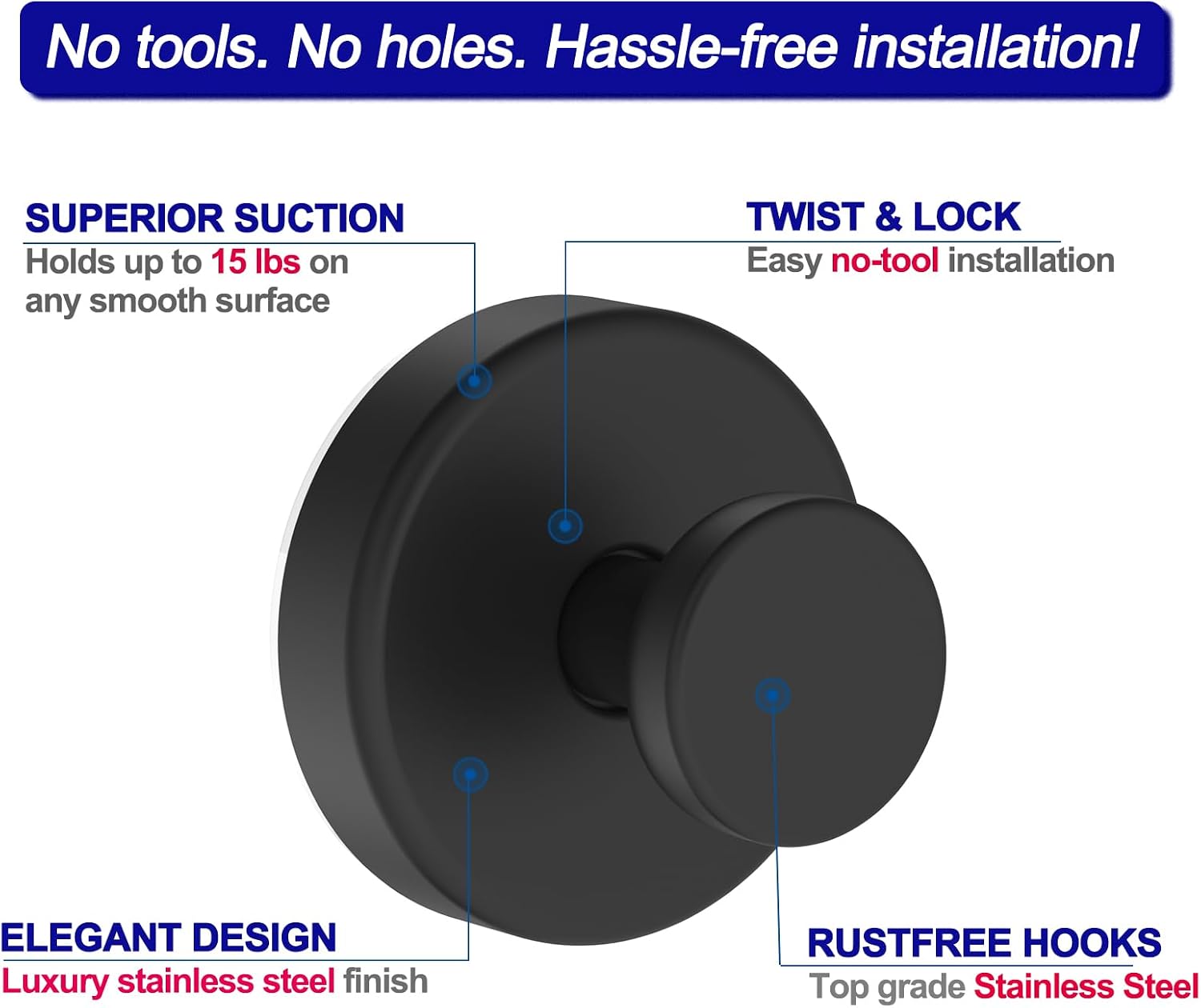 Bntuk Suction Cup Hooks for Shower. Removable Towel Hooks for Bathroom Window Glass Door Wall. Bath Robe Looafh Wreath Hook for Hanging - 2 Pack. Black | Glass Door Window. No Drill Robe Loofah Wreath Hook - 2 Pack. Black - Image 6