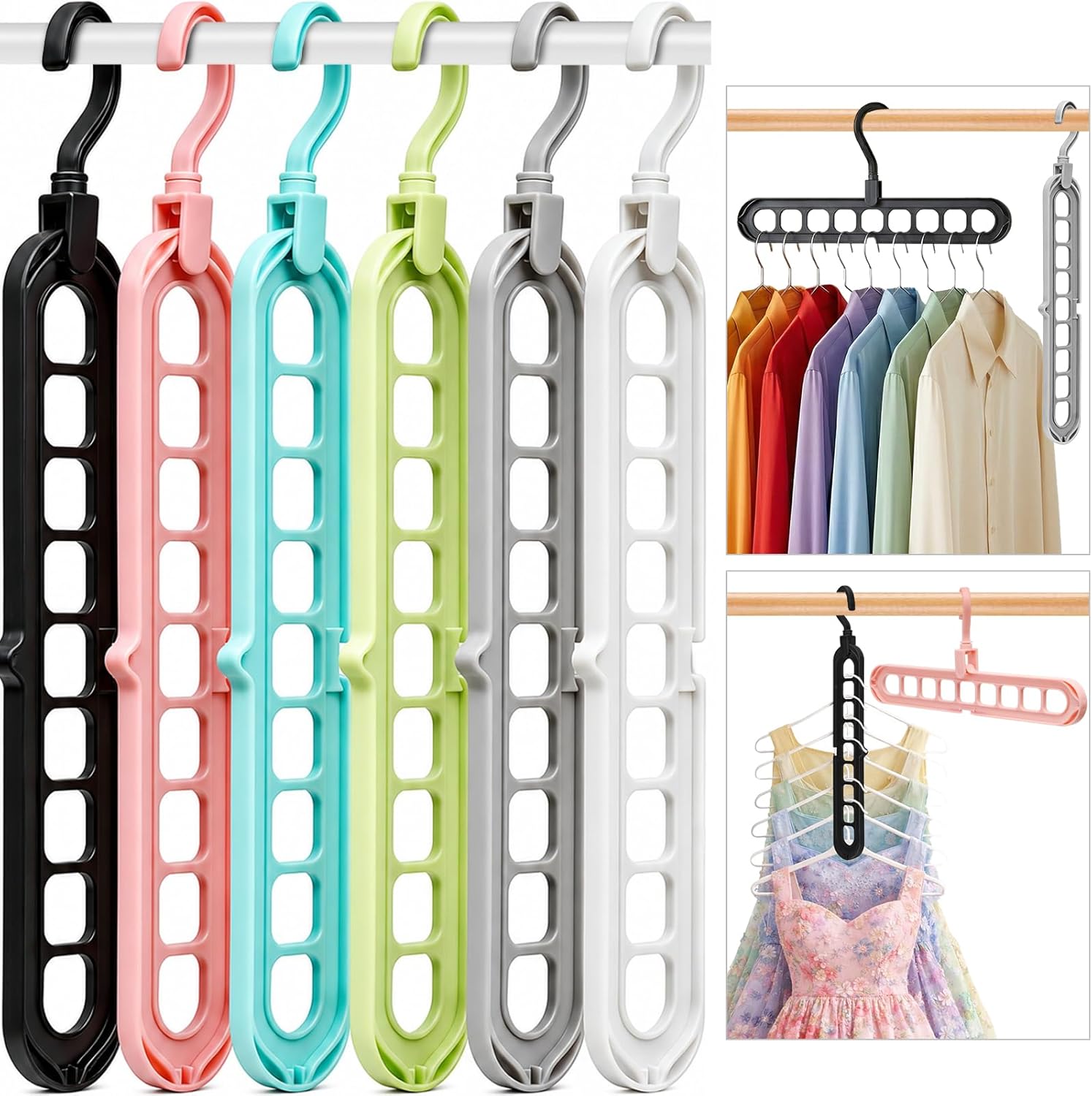 Closet Organizers and Storage.College Dorm Room Essentials.Pack of 6 Multifunctional Organizer Magic Space Saving Hangers with 9 Holes Storage Organization for Wardrobe Closet