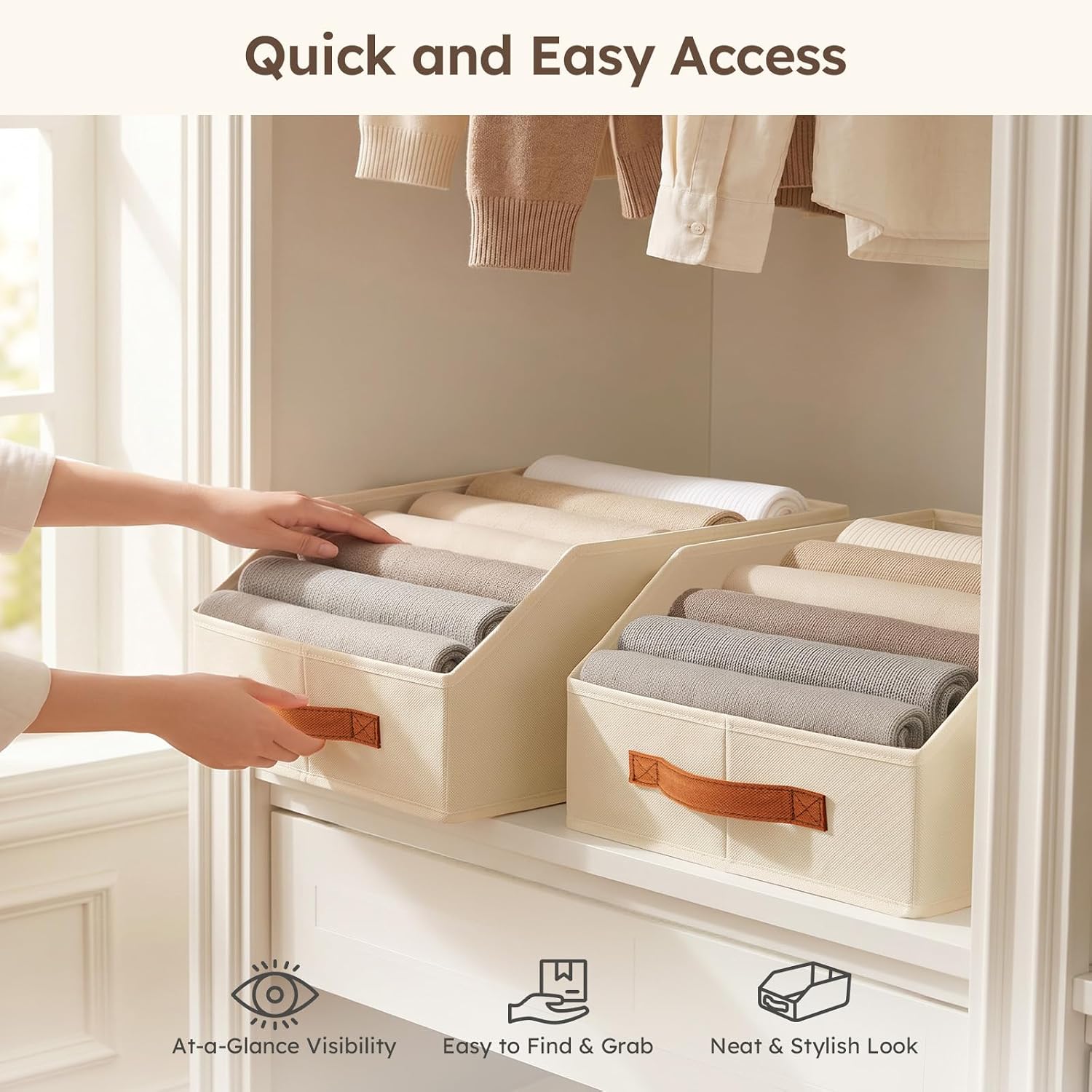Homsorout Fabric Storage Bins for Organizing - 6 Pack Large Trapezoid Collapsible Storage Bins with Front Handle. Closet Organizers and Storage for Bedroom. Home Shelves. Small Spaces. Beige - Image 4