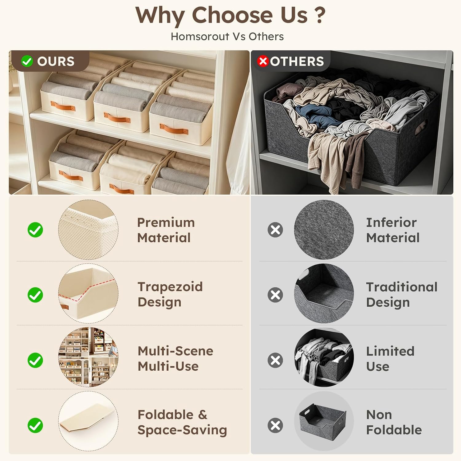 Homsorout Fabric Storage Bins for Organizing - 6 Pack Large Trapezoid Collapsible Storage Bins with Front Handle. Closet Organizers and Storage for Bedroom. Home Shelves. Small Spaces. Beige - Image 7