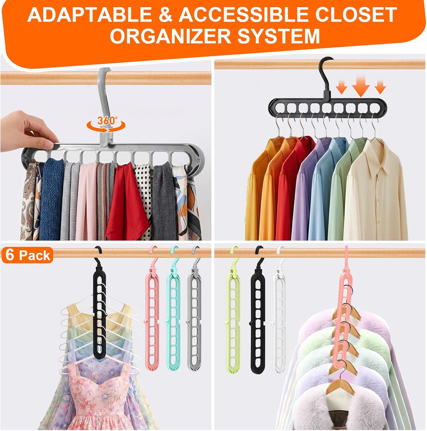 Closet Organizers and Storage.College Dorm Room Essentials.Pack of 6 Multifunctional Organizer Magic Space Saving Hangers with 9 Holes Storage Organization for Wardrobe Closet - Image 3