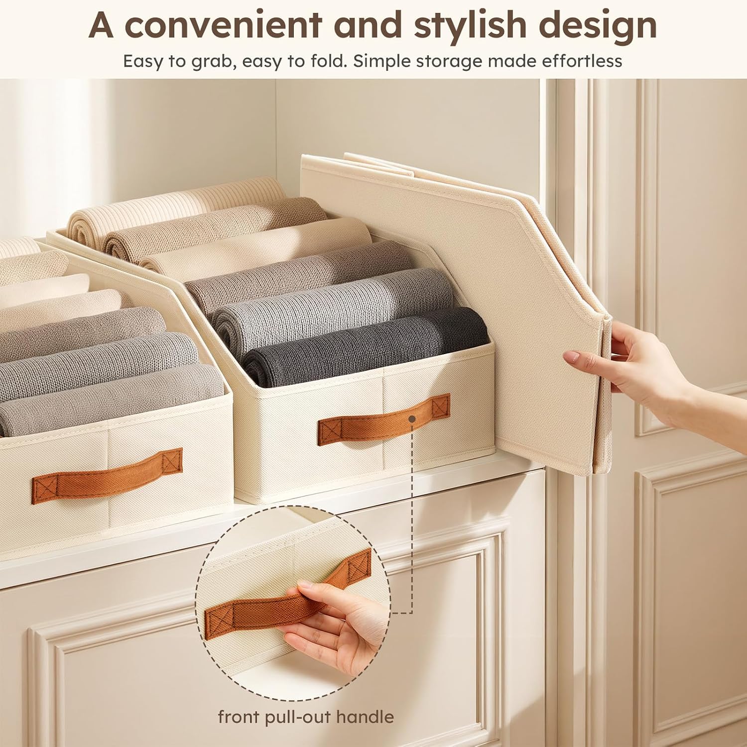 Homsorout Fabric Storage Bins for Organizing - 6 Pack Large Trapezoid Collapsible Storage Bins with Front Handle. Closet Organizers and Storage for Bedroom. Home Shelves. Small Spaces. Beige - Image 6
